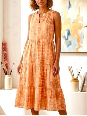 J. Jill Embroidered Tiered Dress Size 2X Orange Dip-Dyed Summer Boho Casual Tank